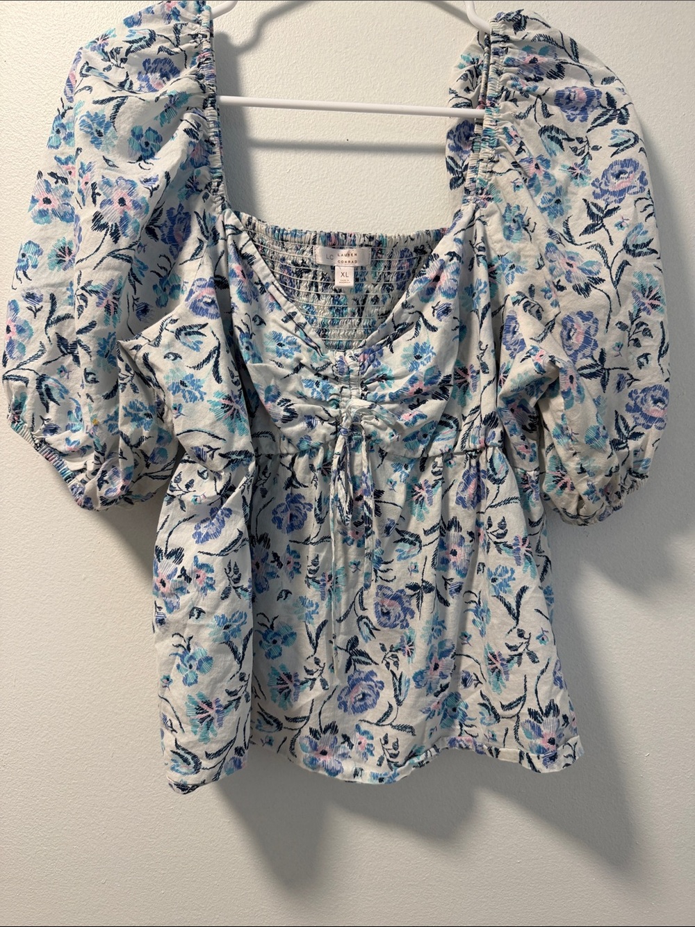 LC Lauren Conrad White Floral Puff-Sleeve Peasant Blouse SZ XL